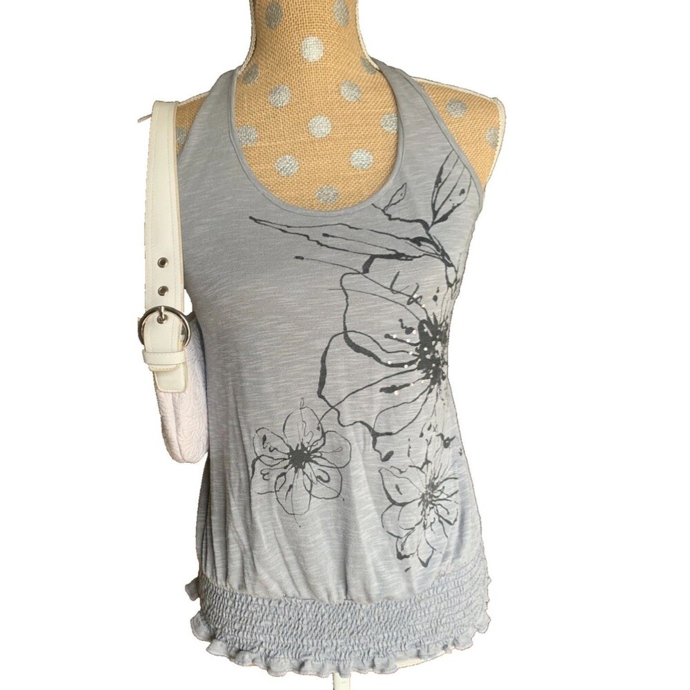 Y2K Fairycore Grunge Tank Floral Rhinestone Top Stretch L Mcbling Whimsigoth